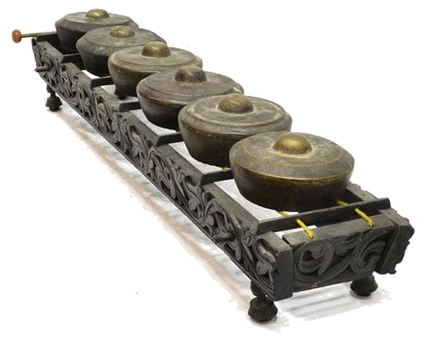Kulintang: a row of eight small bronze gongs laid horizontally in a carved wooden frame
