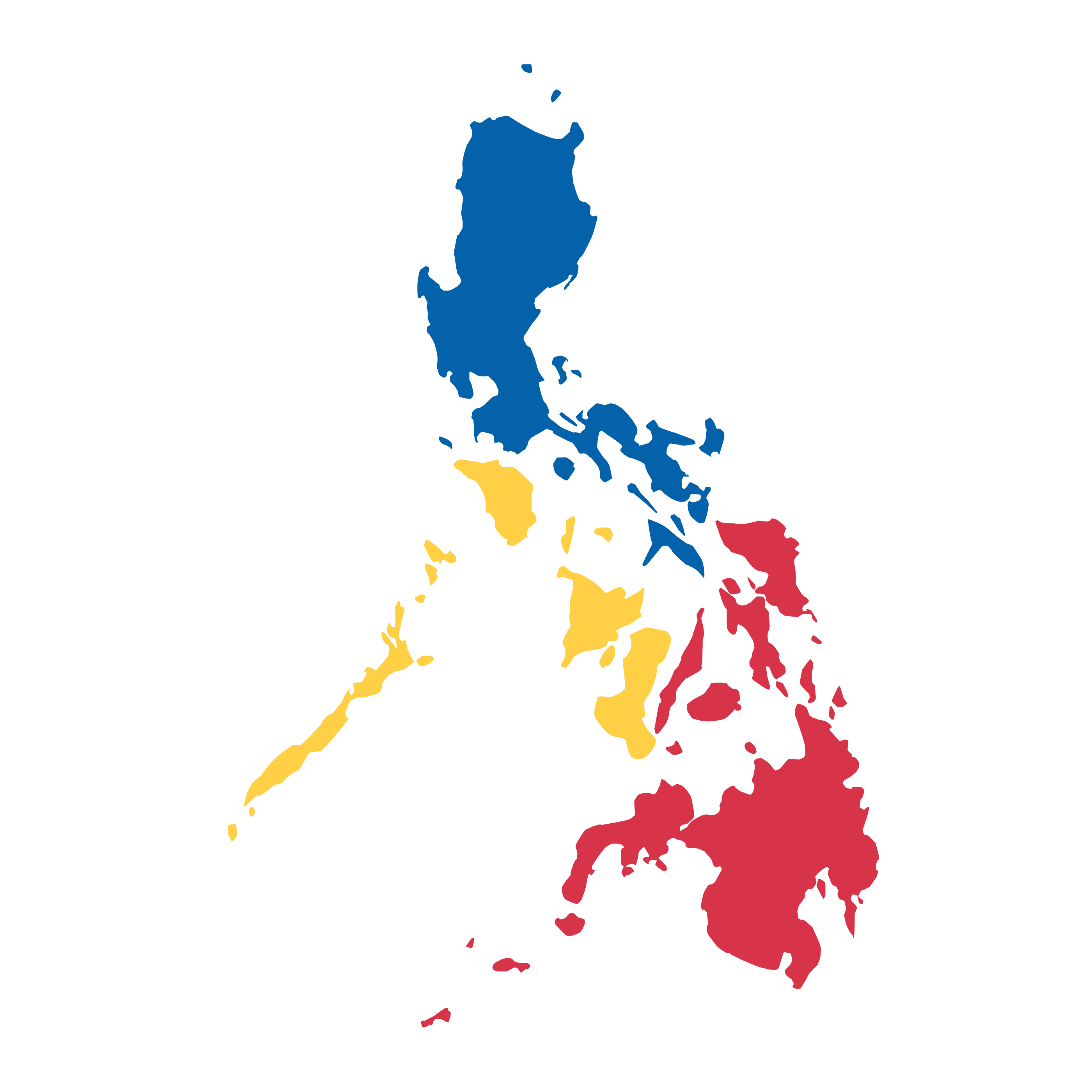 Stylized map of the Philippines with Luzon in blue, the Visayas in yellow, and Mindanao in red